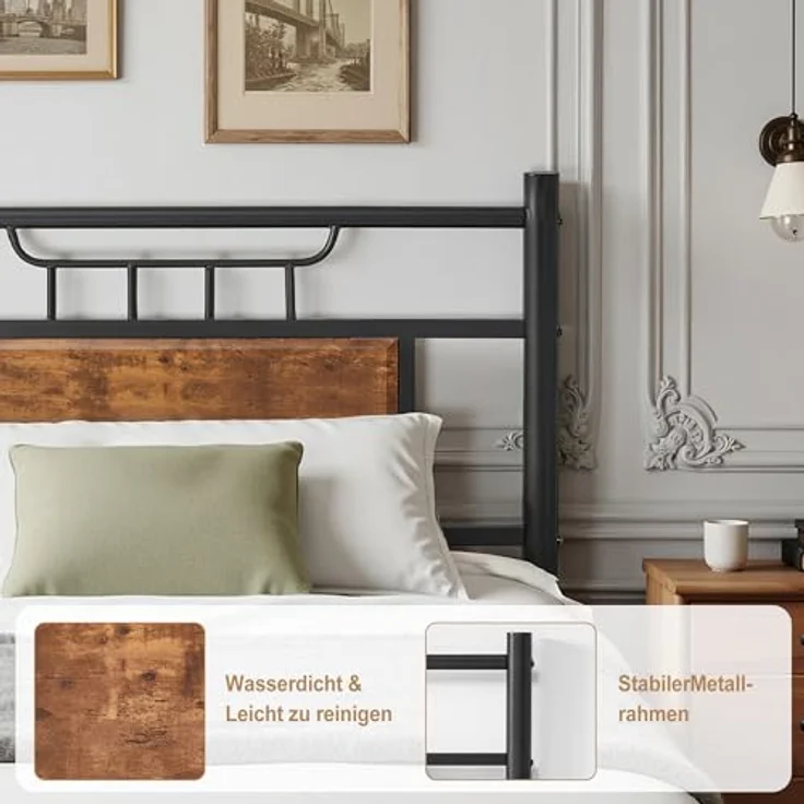 VECELO Bett 90x200 cm mit Holzkopfteil, Holz Metallbett mit Lattenrost, Bettgestell Bettrahmen aus Metall, Einzelbett Jugendbett Gästebett, perfekt für Schlafzimmer, Braun – Bild 5