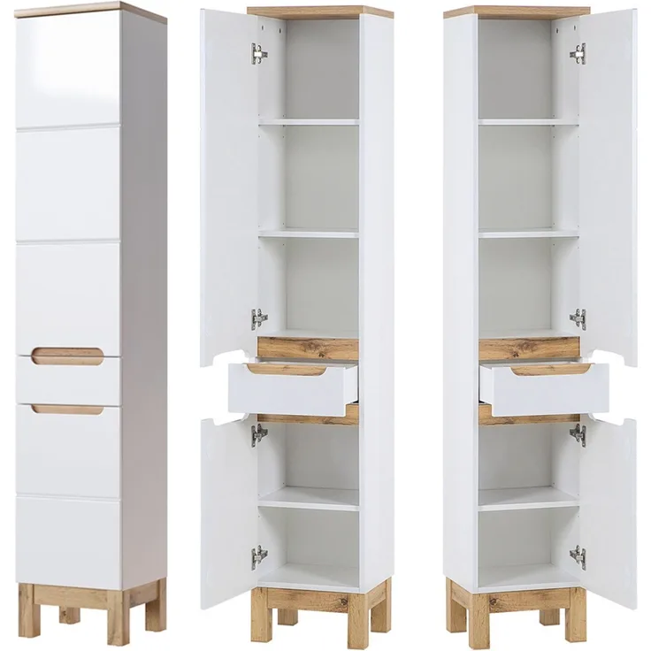 Badezimmer Hochschrank SOLNA-56 Hochglanz weiß mit Wotaneiche, B x H x T ca. 35 x 187 x 33cm