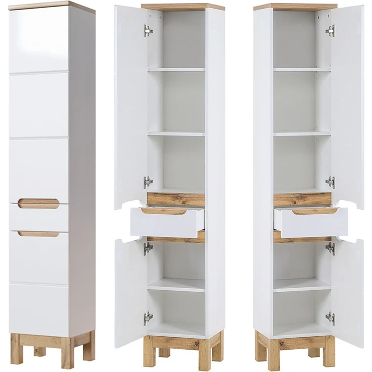 Badezimmer Hochschrank SOLNA-56 Hochglanz weiß mit Wotaneiche, B x H x T ca. 35 x 187 x 33cm – Bild 1