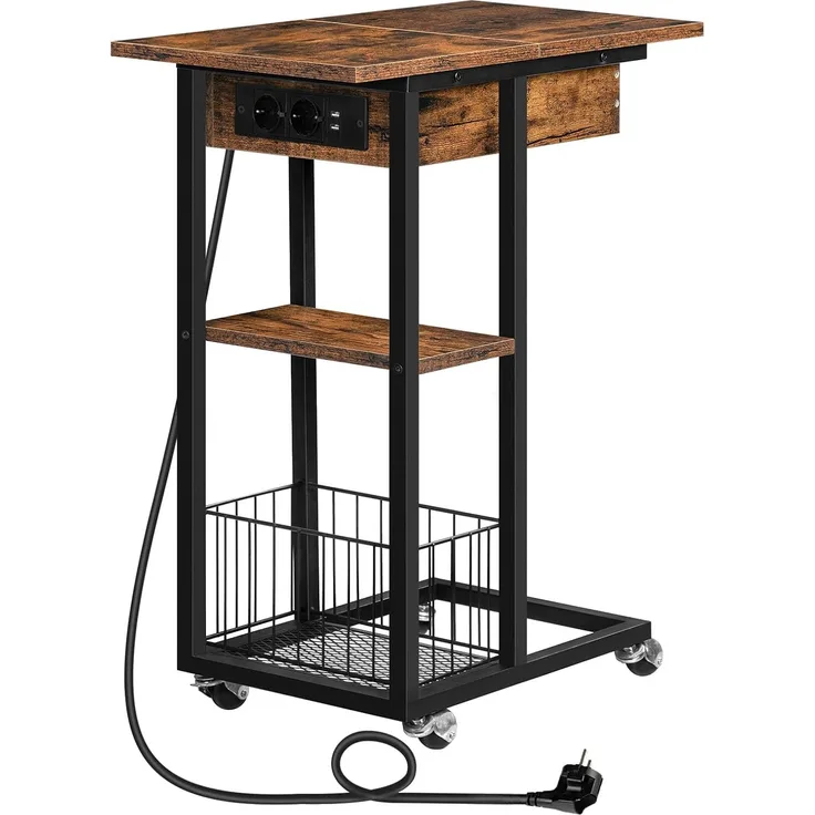 HOOBRO Beistelltisch mit Ladestation, Flip C-Form Sofatisch, Couchtisch mit Rädern und Ablagefläche, USB-Anschlüsse und Steckdosen, Nachttisch für Wohnzimmer, Schlafzimmer, Dunkelbraun EBF022SF01