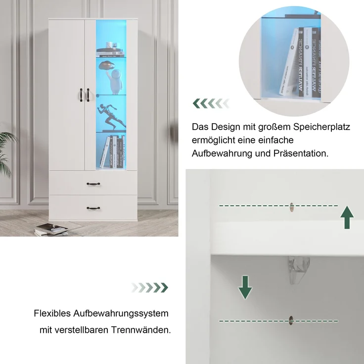 ZUBALIYA Hängeschrank (59,5 x 35 x 182 cm), 2 Türen, LED - Beleuchtung, Stauraum für Wohnbereich, Küche oder Bad entsprechend dem Aufstellort, Weiß – Bild 4