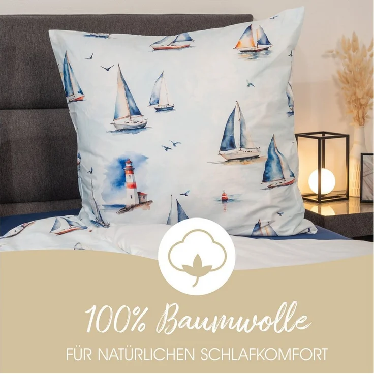 Janine Bettwäsche Mako-Baumwolle, Mako-Satin, 2 teilig, Segelboote, maritim, blau – Bild 2