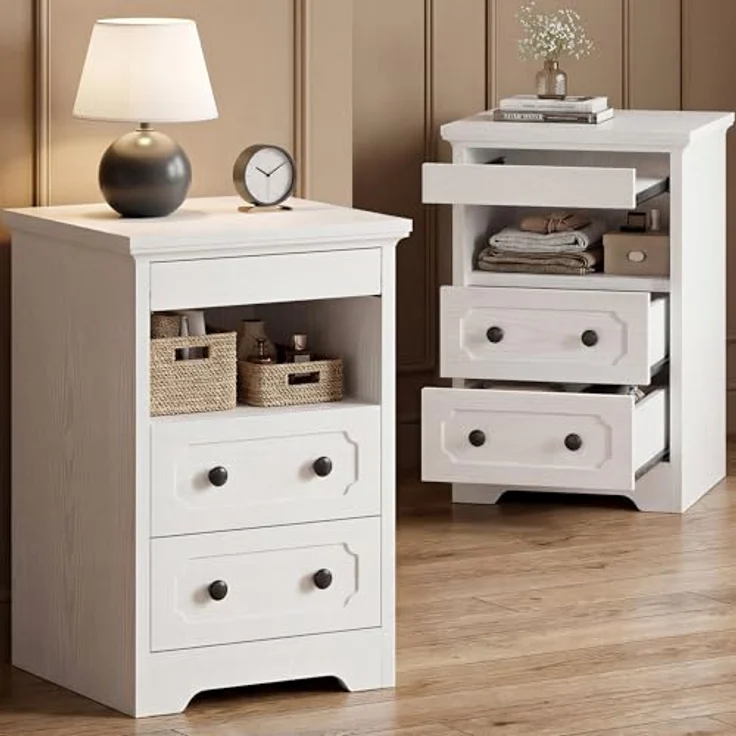 IRONCK Nachttisch 2er Set, Moderne Nachtkonsole mit 2 Schubladen, Offenem Fach, Beistelltisch mit Herausziehbarer Ablage, Holz-Nachttisch für Schlafzimmer, Wohnzimmer, Weiß – Bild 1