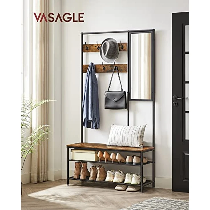 VASAGLE Kleiderständer, Garderobe, Garderobenständer mit Haken, Spiegel, Sitzbank, 35 x 98 x 180 cm, für Eingangsbereich, Schlafzimmer, Wohnzimmer, Industrie-Design, vintagebraun- schwarz HSR415B01 – Bild 3