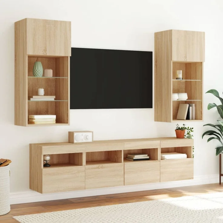 2 pcs TV-Wandschrank, TV Hängeboard mit LED-Leuchten. Sonoma-Eiche 40x30x40cm – Bild 5