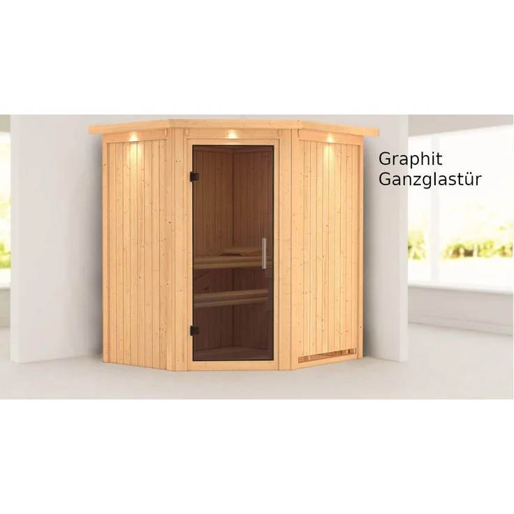 Karibu Sauna Taurin mit Dachkranz + 9kW Saunaofen mit ext. Steuerung Easy Energiespartür – Bild 6