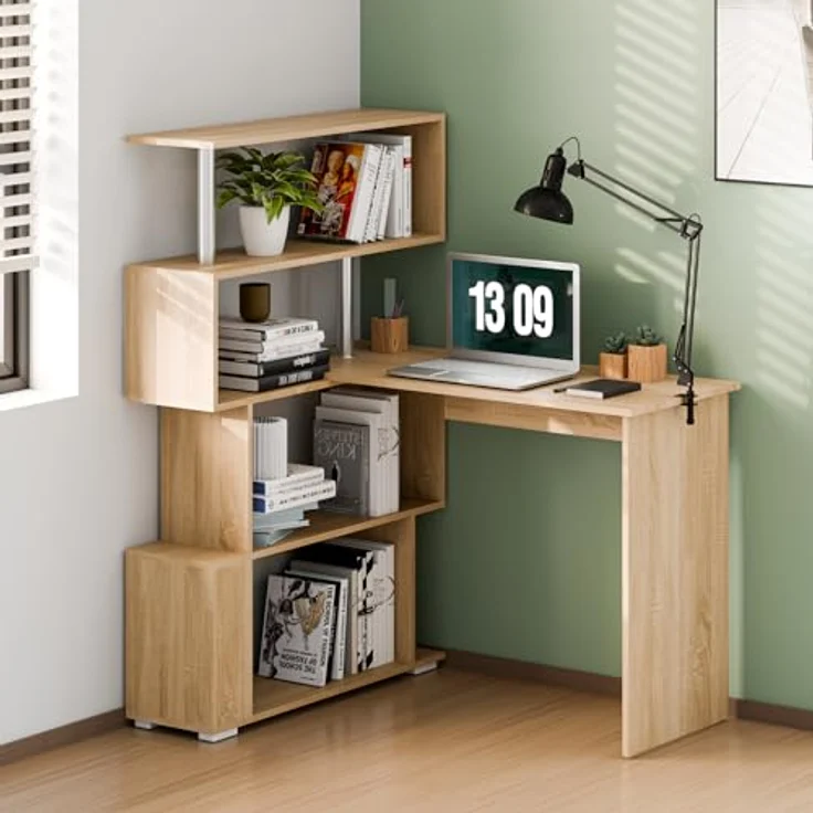 Mondeer Computertisch L-Förmig, Eckschreibtisch, mit 360 Grad Drehbarem Bücherregal für Arbeitszimmer Wohnzimmer Büro 157 x 45 x 130,5 cm, Eiche – Bild 7