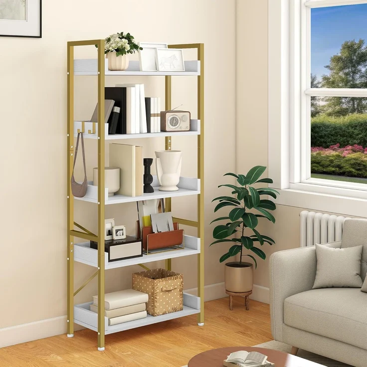 YITAHOME Bücherregal 5 Etagen, Stehend Offen Bücherregal, Metal Schmal Hoch mit 4 Haken Industrielles Lagerregal für Wohnzimmer, Heimbüro, Golden – Bild 1