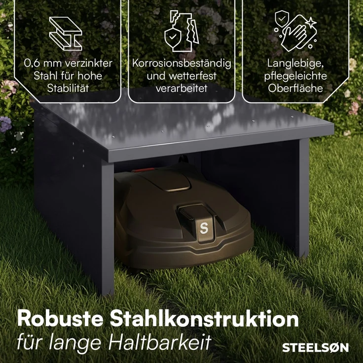 STEELSØN 'Drakon' Mähroboter Garage, Metall, anthrazit, wetterfest, 53/42x77x90 cm, Mähroboterhaus mit aufklappbarem Pultdach – Bild 5