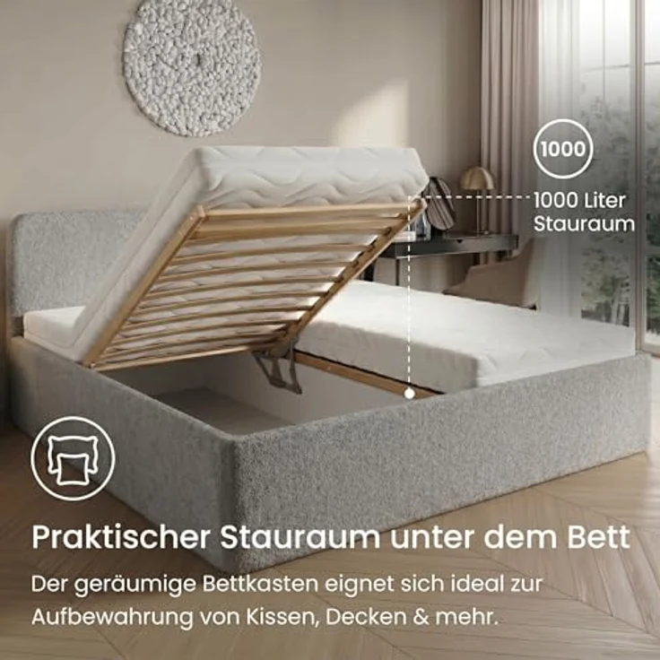 Home Collective Polsterbett mit Stauraum, verstellbarem Lattenrost, Bouclé-Stoff in Schwarz oder Creme, wählbare Matratze Federkern oder Kaltschaum, viele Größen – Bild 4