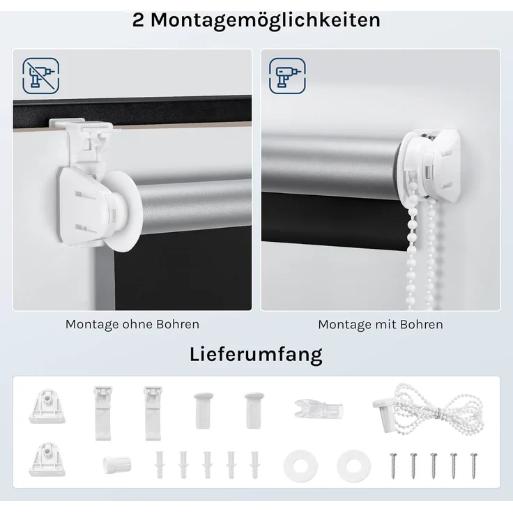 WOLTU Verdunkelungsrollo ohne Bohren, Thermo Verdunkelungsrollo mit Kette, Sichtschutz, für Türen und Fenster, Schwarz，B120 x H130 cm – Bild 5