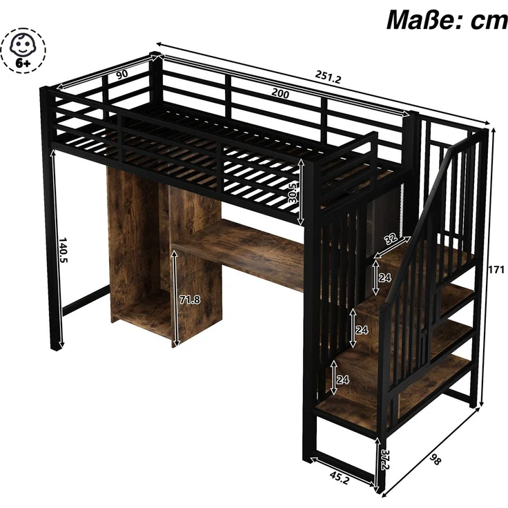Hochbett mit Schreibtisch, Bücherregal, Kleiderschrank und Rausfallschutz, 90x200cm, Treppe mit Regal, Kinderbett, Metallbett – Bild 6