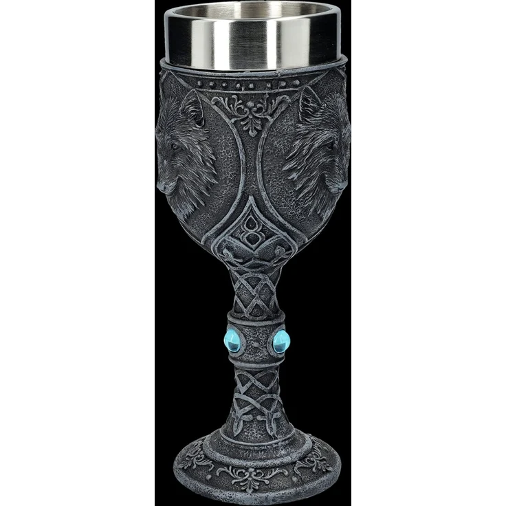 Figuren Shop GmbH Becher Gothic Kelch - Nacht Wolf mit blauen Schmucksteinen - Becher Fantasy, Kunststein (Polyresin), Edelstahl – Bild 3