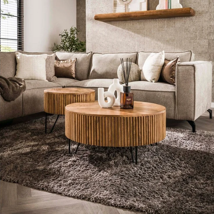 alesvelt Couchtisch -Set Elio Tamburo Runde Satztische aus Mangoholz im Lamellen-Design (Set, 2er Set), 80x38h / 50x45h cm – Bild 1