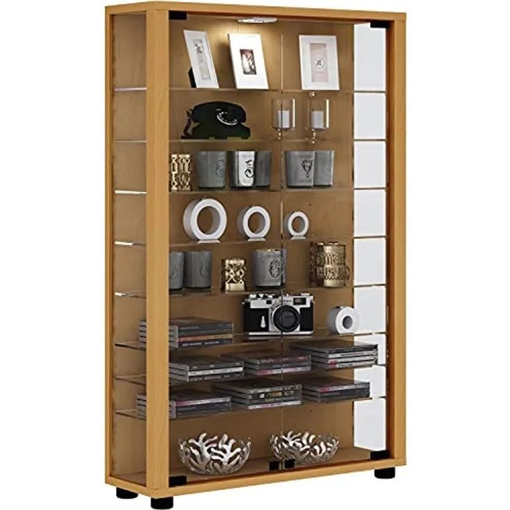VCM Sammelvitrine Standvitrine Glasvitrine Glasregal Vitrine Glas Schaukasten mit LED-Beleuchtung Buche "Lumo Mini"