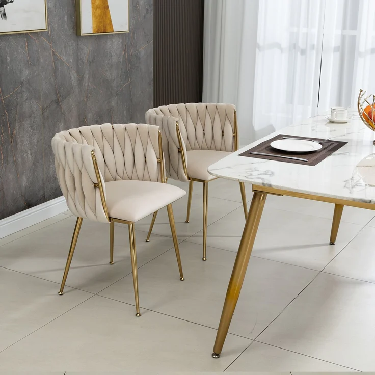 Elegantes 2er-Set Samt-Esszimmerstühle mit goldenen Metallbeinen und handgewebtem Design in Ivory – Bild 3