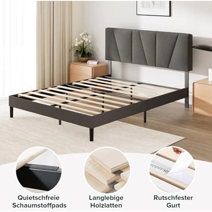 Zinus Maya Bett 180x200 cm - Höhe 30cm - Gepolstertes Bettgestell mit Kopfteil - Lattenrost aus Holz – Dunkelgrau – Bild 4