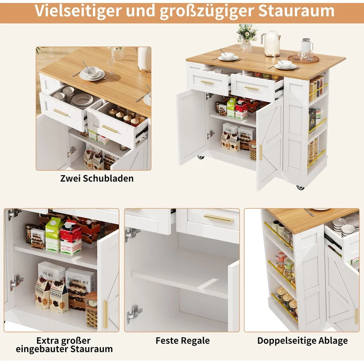 Servierwagen Kücheninsel MDF ausziehbar klappbar 120cm Skandinavisch 3D-Schranktüren Metallgriffe,Weiß – Bild 5