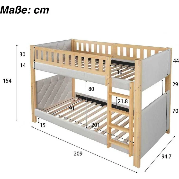 Etagenbett mit 2 Schlafgelegenheiten, 90x200cm, Kopfteil gepolstert, Kinderbett mit Leiter und Lattenost, Massivholz – Bild 6