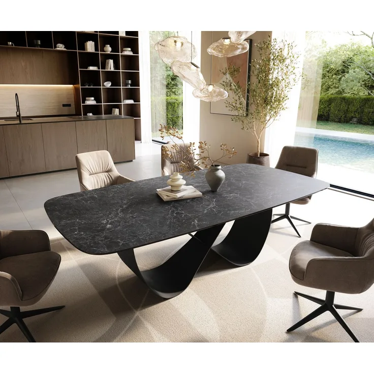 Esstisch Edge Boot 240x120 cm Keramik Laminam® Nero Greco Anthrazit Infinity Metall Schwarz