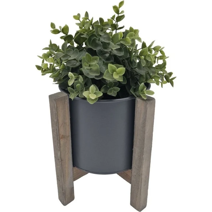 Spetebo Übertopf Metall Blumen Topf m. Holz Ständer grau - 20 cm – Bild 2
