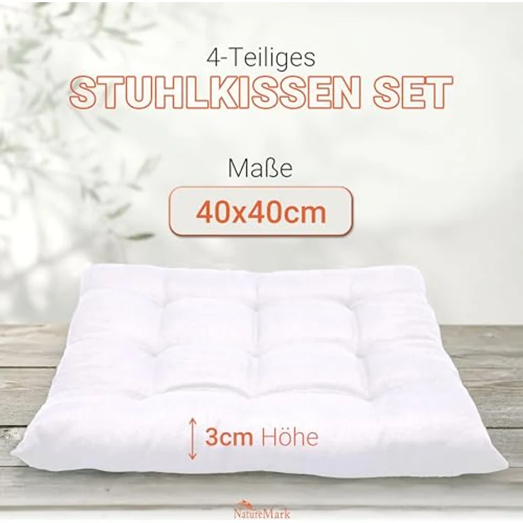 NatureMark 4er Set Stuhlkissen mit Bändern Gr. 40x40 cm Sitzkissen gefüllt, Natur/Crème – Bild 3