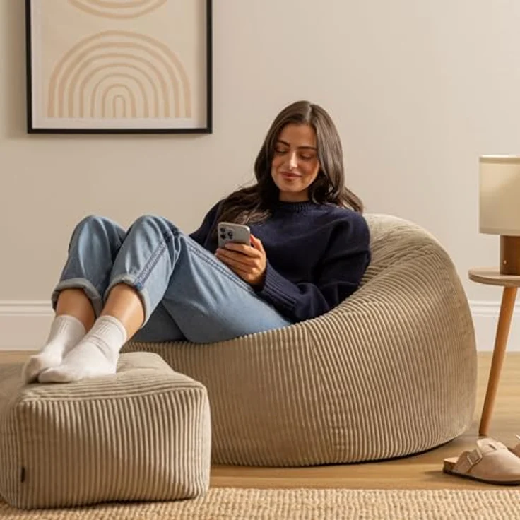 icon Kingston Cord Sitzsack Stuhl und Poufe, Stein Beige, Große Lounge Chair Sitzsäcke für Erwachsene mit Füllung Enthalten, Jumbo Cord Erwachsene Sitzsack, Boho Room Decor Wohnzimmer Möbel – Bild 3