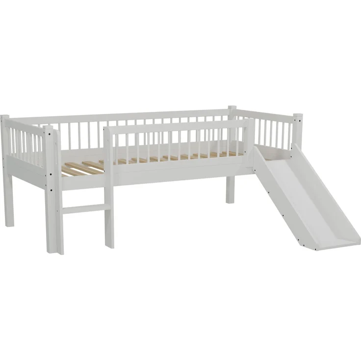 FORREST Buche Junior-Spielbett 90x200 cm, inkl. Lattenrost, Leiter und Rutsche, Ausf. Buche massiv weiß lackiert – Bild 2