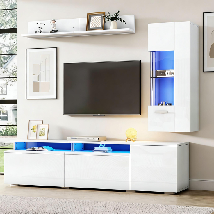 TV Wohnwand Set 3-teilig LED Beleuchtung Hochglanz Wohnzimmer Möbel Set Frontale Wohnwand 1 x TV Schrank, 1 x Wohnzimmer Vitrine, 1 x Hängeregal, TV bis 80' Weiß--Weiß--77.5x54.61x22cm--YOUDENOVA – Bild 2