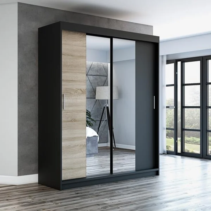 Schwebetürenschrank NEO 2-türig Schrank 180 cm (mit Spiegel) Farbe: Schwarz , sonoma – Bild 2