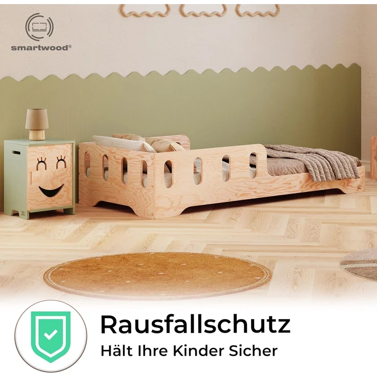 smartwood Kinderbett 100x190 cm Montessori Bodenbett mit Rausfallschutz & Lattenrost - Aus handbemaltem Sperrholz - Sicher für Jungen und Mädchen - Einfache Montage - TILA 6 – Bild 6