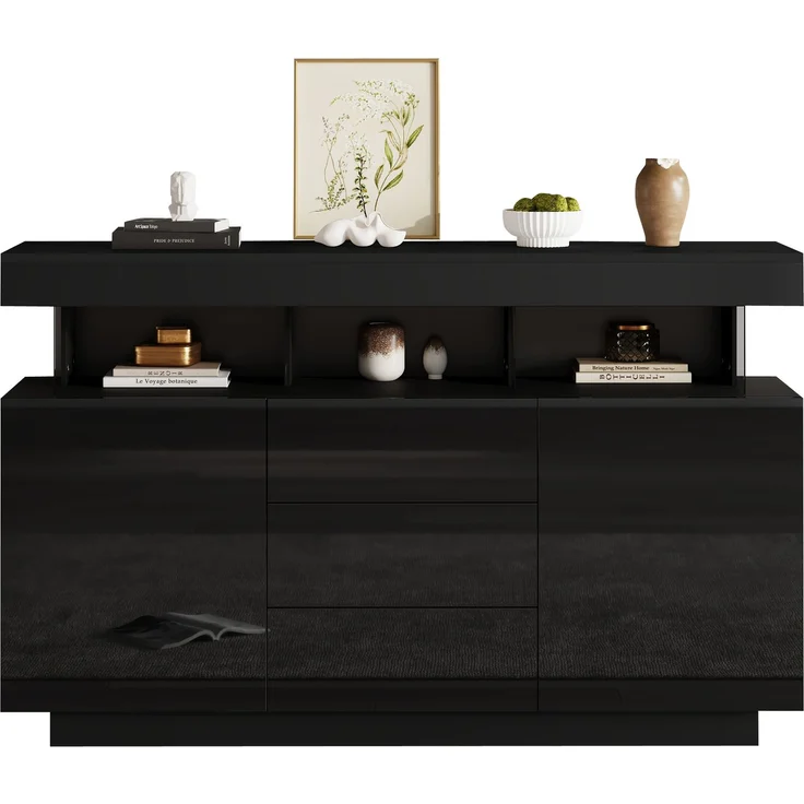ZUBALIYA Sideboard 140x35x80 cm, mit LED-Beleuchtung, Hochglanz, aus Spanplatte, Schwarz – Bild 23