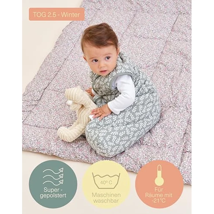 molis&co. Baby-Schlafsack. 2.5 TOG. Größe: 95 cm (18-36 Monate). Ideal für die Übergangszeit und den Winter. Green Garden. 100% Baumwolle. (Oeko-TEX 100). – Bild 5
