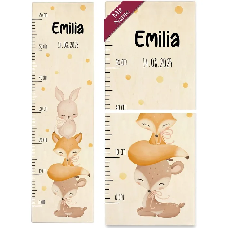 Messlatte Kind Holz - Tiere - Kindermesslatte süße Tierchen Hase Fuchs Reh mit Name und Datum I Waldtiere - 0-60 cm - Holz - kinder 160 tier baby meßlatte mädchen größe eichhörnchen