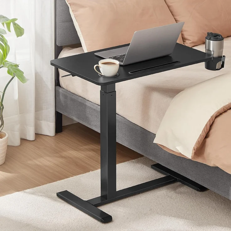 VASAGLE Beistelltisch mit Rollen, mobiler Stehtisch, 70x40 cm große Tischplatte, verstellbare Höhe, 2 Getränkehalter, Schlitz für Handy oder Tablet, tintenschwarz LSD600B01 – Bild 1
