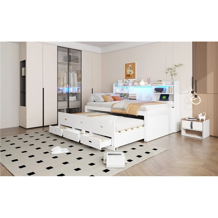 Bett 90x200 cm mit Ausziehfunktion, LED-Fernbedienung und Stauraum – Weiß – Bild 3