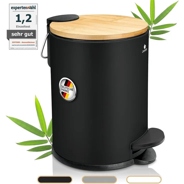 Exitoso Mülleimer 3 L leicht entleerbar Bambus, Kosmetikeimer WC-Eimer Tretmülleimer klein, mit Softclose-Funktion