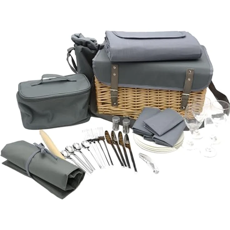 UNUS GARDEN Picknickkorb Weiden-Picknickkorb (41 x 29 x 24 (BxTxH), 4-Personen 33-teiliges Komplettset Serviertisch Picknickdecke Geschirr – Bild 3