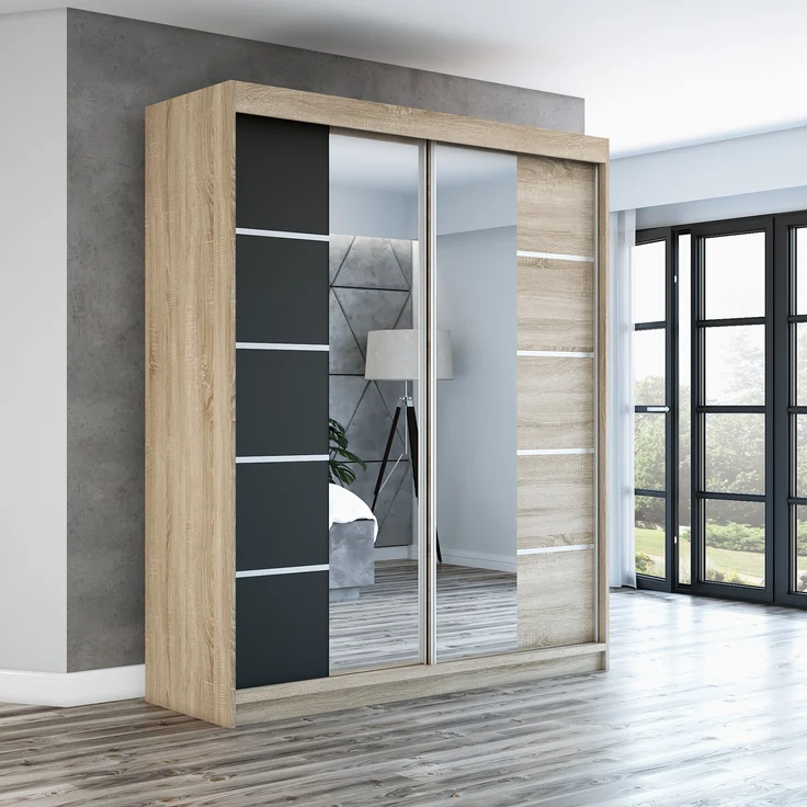 Schwebetürenschrank ERA 2-türig Schrank 180 cm (mit Spiegel) Farbe: Sonoma , schwarz – Bild 2