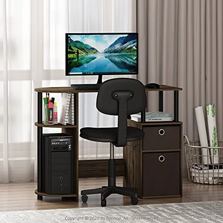 Furinno JAYA Simplistisch Computer-Schreibtisch mit Schubladen, Columbia Walnuss/Schwarz – Bild 3