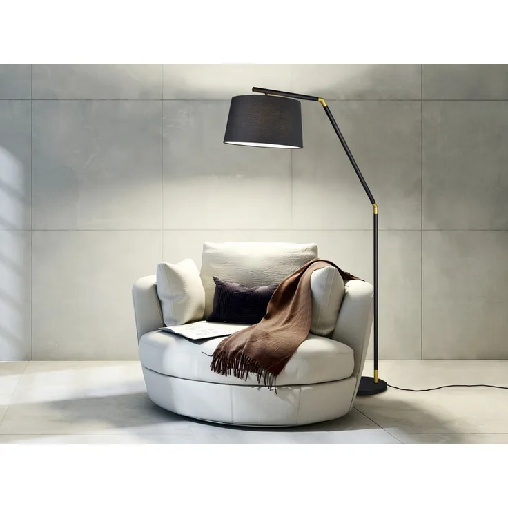 Bogenleuchte TRACY Metall Schwarz Gold mit Stoffschirm Schwarz, Höhe 175cm
