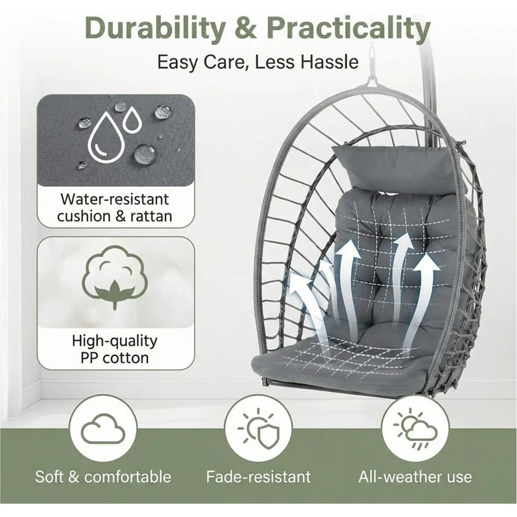 TLGREEN Hängesessel mit Gestell, Klappbarer Eiersessel, 360° Drehbar (Indoor & Outdoor Schaukelstuhl, Ergonomischer Relaxsessel mit Kissen), für Garten Balkon Wohnzimmer, Belastbar bis 160kg – Bild 4