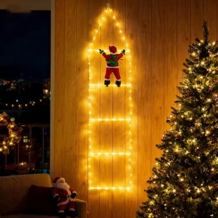LEDYA 1,25M Leiter Lichterkette mit Weihnachtsmann, 98 LED Weihnachtsbeleuchtung Strombetrieben mit Timer, Speicherfunktion, 8 Modi für Innen- & Außen Weihnachtsbaum Fenster Weihnachten Deko, Warmweiß – Bild 2