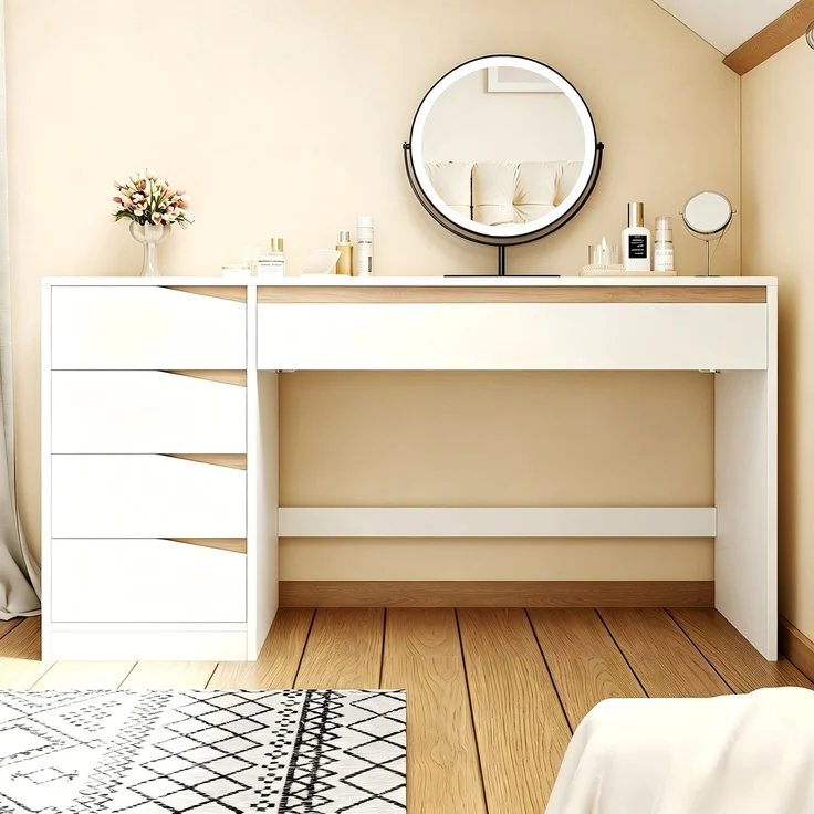 ZUBALIYA Schreibtisch 140x50 cm mit 5 Schubladen, Weiß/Eiche-Optik, Moderner Computertisch mit extra großer Arbeitsfläche, Schminktisch mit Stauraum, Bürotisch für Homeoffice, Schlafzimmer und Arbeitszimmer – Bild 2