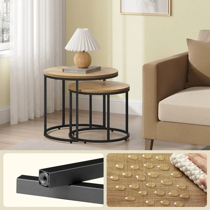 Home Collective Couchtisch 2er Set Beistelltisch Loft Design 2in1 Verschachtelung Wohnzimmer, kratzfeste Oberfläche 53cm & 43cm Sonoma-Eiche, schwarzen Beinen rund – Bild 3