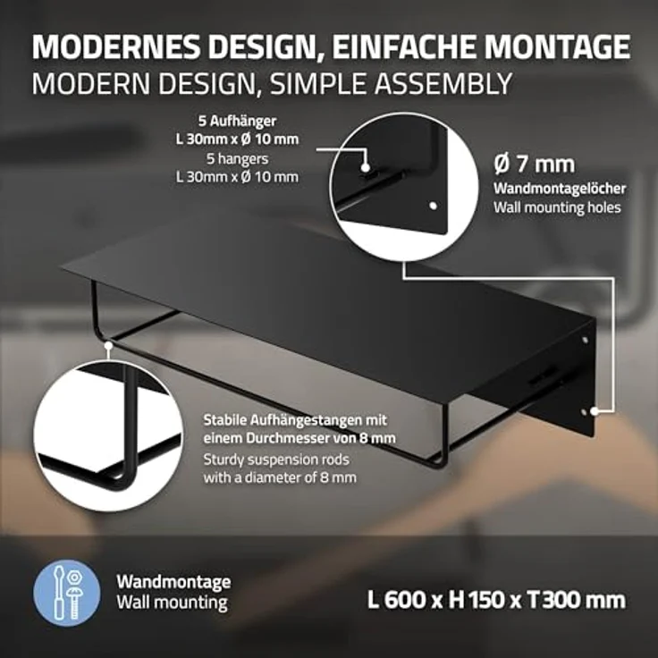 ML-DESIGN Kleiderstange, Schwarz, Metall, 30x15x60 cm, Wandgarderobe mit Hutablage und 5 Jackenaufhängern – Bild 3