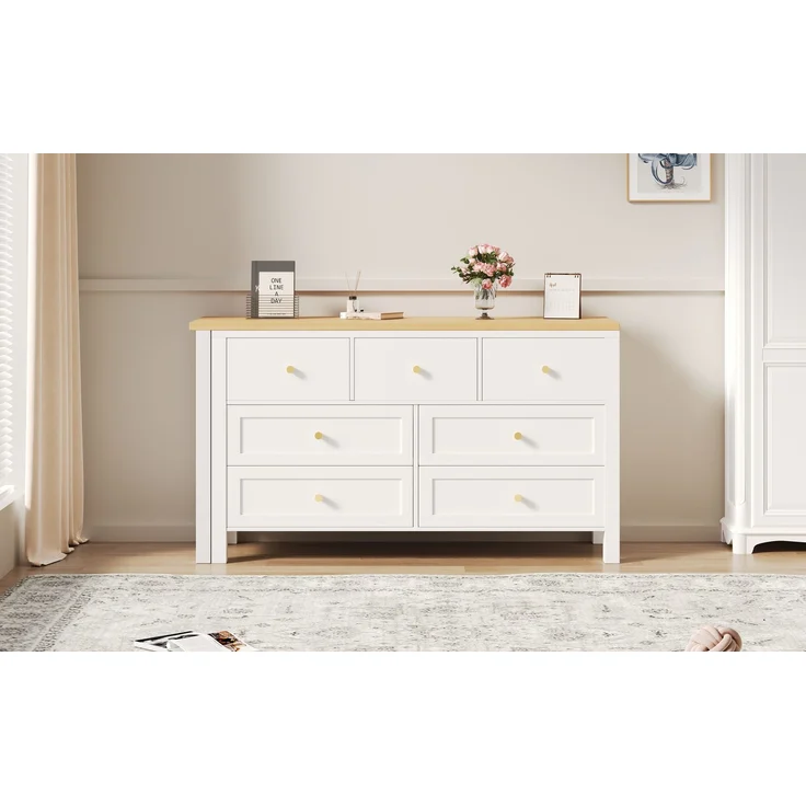 Schreibtisch mit 7-Schubladen Kommode -2-in-1 Drehwerkbank und Sideboard, Eichenoptik, 360° drehbare Tischplatte, weiß / natur, Schreibtisch, Frisiertisch, L-förmiger Eckschreibtisch – Bild 10
