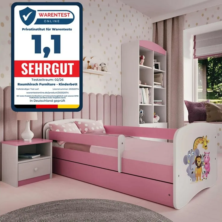 Raumhirsch Furniture Kinderbett 70x140, 80x160, 80x180 cm - Komplettset mit Matratze & Schublade (Bett für Mädchen, Einzelbett für Kinder von 2-12 Jahren, Rausfallschutz und Lattenrost), verschiedene Farben & Designs