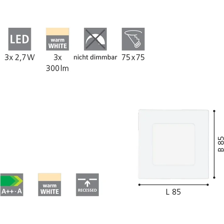 Eglo 94733 3 Stk. LED Einbauleuchte FUEVA 1 weiß, 3x2,7W 85x85 mm 3000K – Bild 2