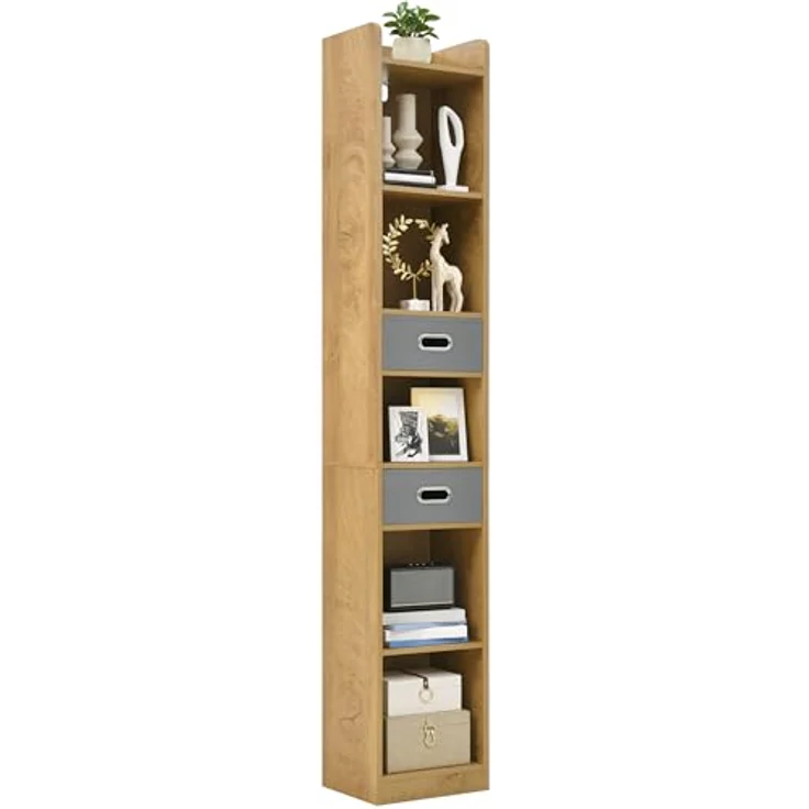 YITAHOME Hohes, schmales Bücherregal, schlankes Eckregal mit 5 Ebenen und 2 Stoffschubladen, freistehendes Regal für Wohnzimmer, Schlafzimmer, Büro, Eichenfarbe, 30 B × 24 T × 180 H cm – Bild 10